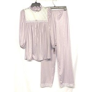 Avian Lingerie Lavender Purple & Lace Pajamas Pants & Button Up Top Medium New